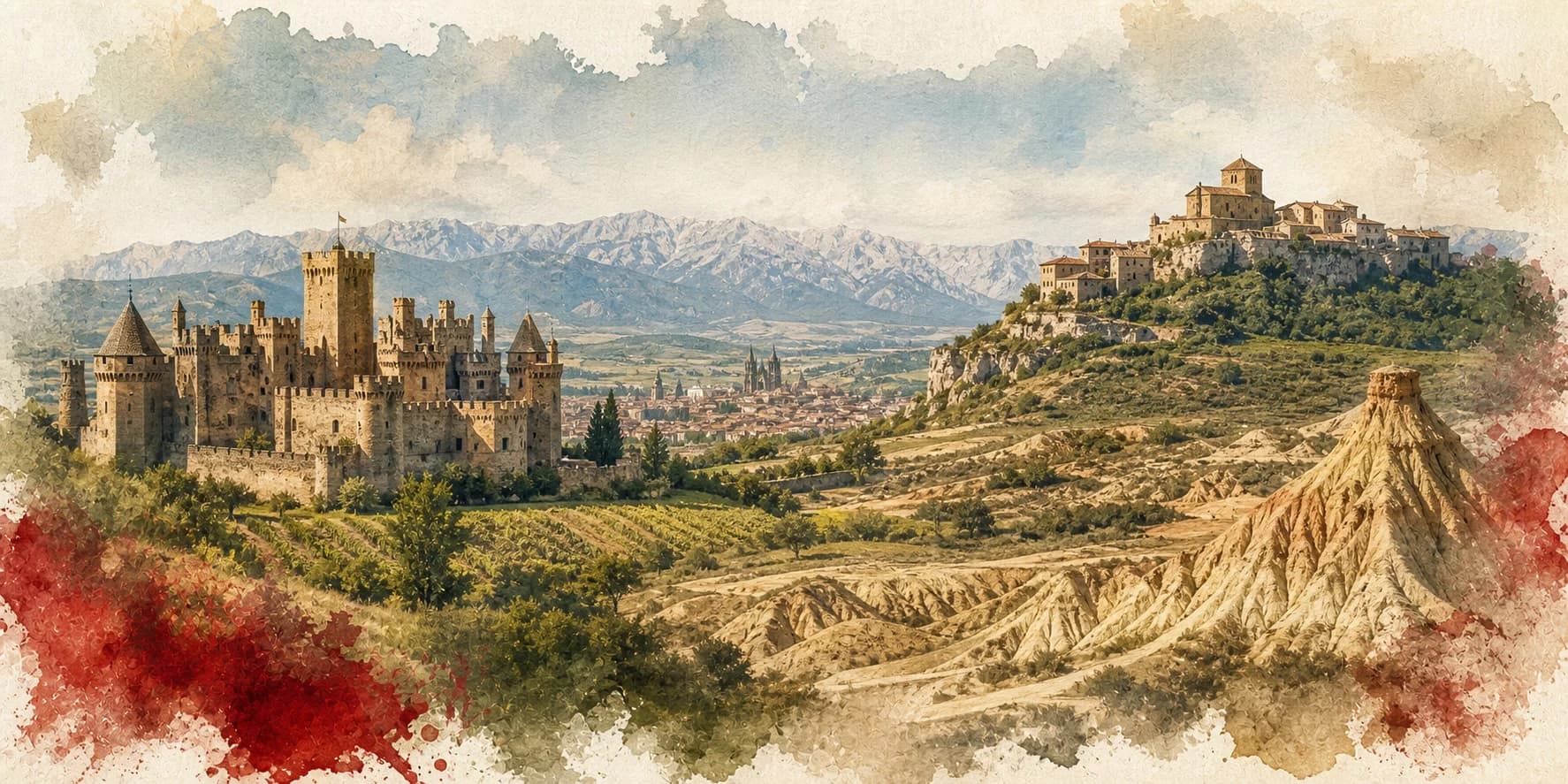 Ilustración de Navarra con Olite, Ujué, Bardenas y Pamplona en estilo acuarela